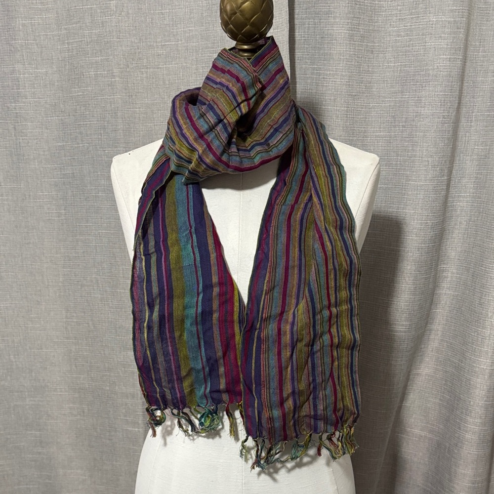 Striped Fringed Scarf-Bright Multi Color-Cotton Poly Blend-EUC - Picture 2 of 11